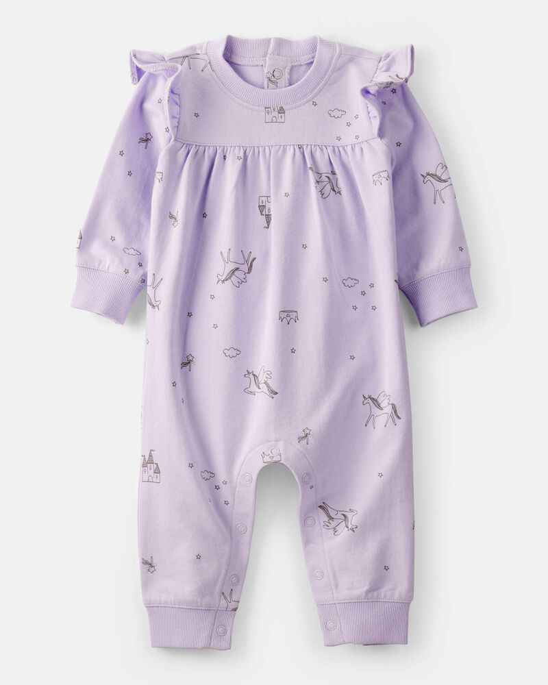 Baby Girl Unicorn Print Cotton Long-Sleeve Jumpsuit - Purple, image 1 of 3 slides