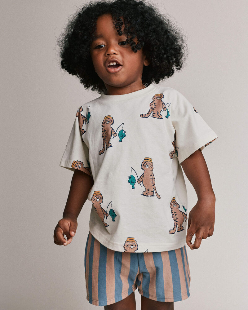 Toddler Dolman Tee in Fishing Tiger Print - Cream, image 5 of 6 slides