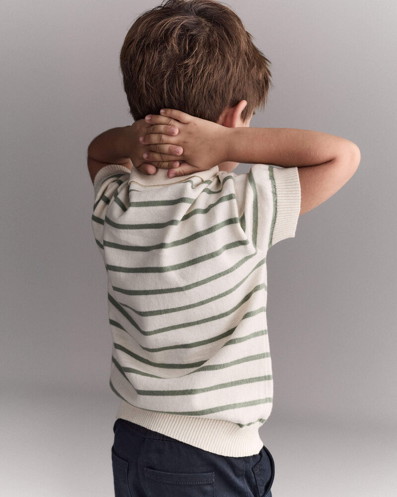 Toddler Boy Zip-Up Polo in Stripes - Cream, image 5 of 6 slides