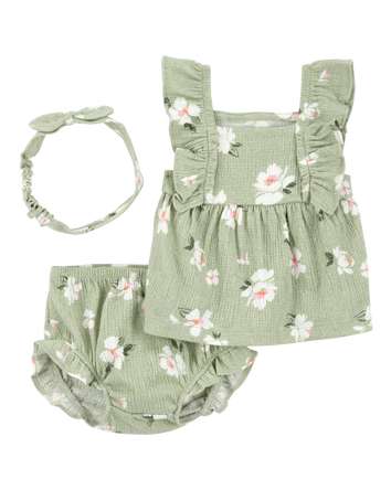 Baby 3-Piece Floral Gauze Top & Short Set, 