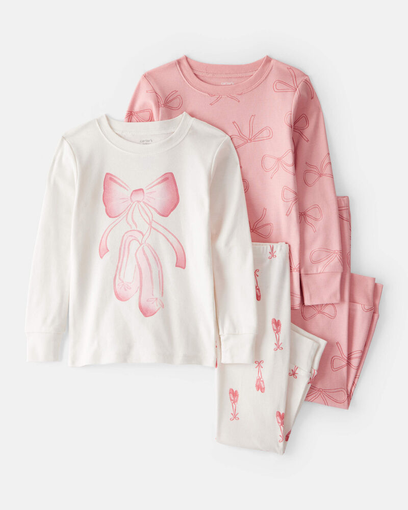 Toddler Girl Ballet Print 100% Cotton Long-Sleeve 4-Piece pyjamas - Pink/White, image 1 of 4 slides