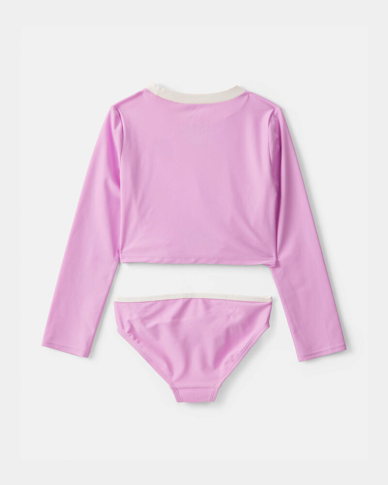 Girls 2-Piece Solid Long-Sleeve Rashguard Swimsuit Set - Pink, image 2 of 4 slides
