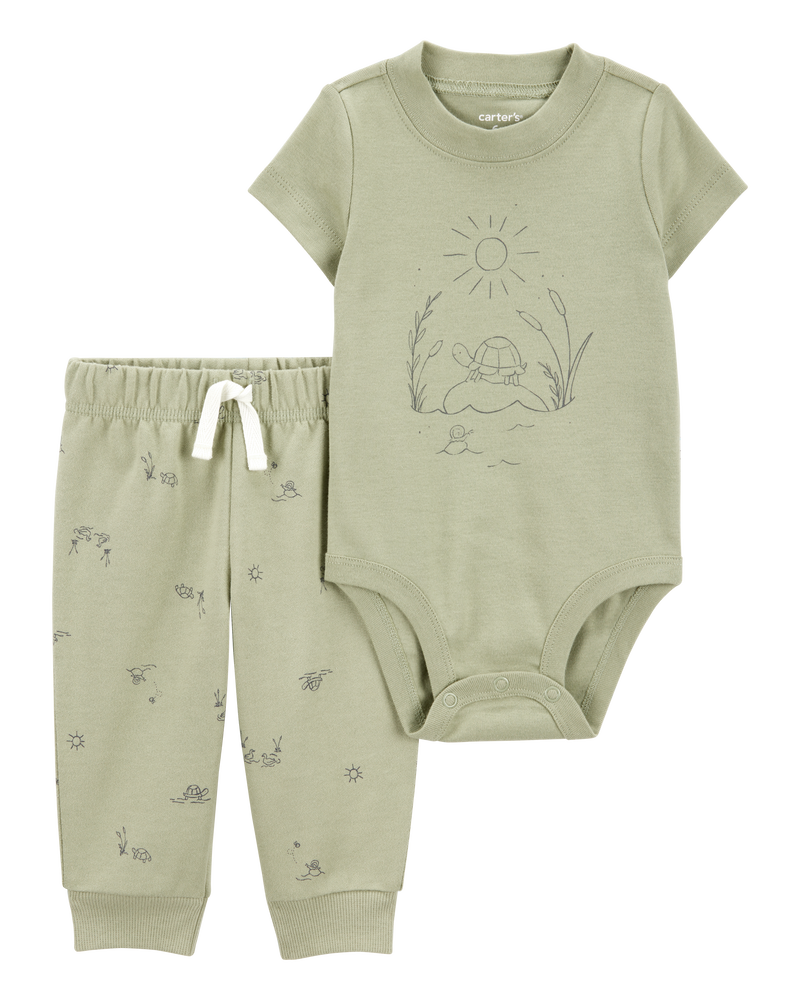 Bébé Ensemble 2 pièces cache-couche à manches courtes à tortue et pantalon - Vert olive, image 1 sur 3 diapositives