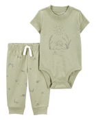 Bébé Ensemble 2 pièces cache-couche à manches courtes à tortue et pantalon - Vert olive, image 1 sur 3 diapositives