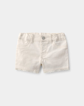 B&eacute;b&eacute; fille - Short en serg&eacute; &agrave; bordure en tissu ajour&eacute; - Cr&egrave;me, 