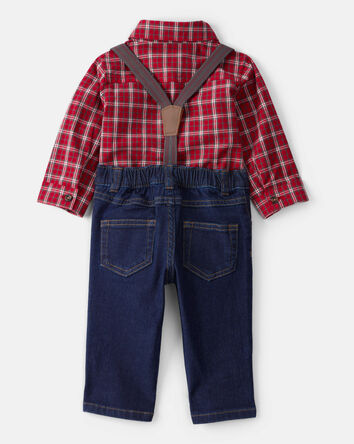 Baby Boy 3-Piece Plaid Print Long-Sleeve Shirt & Suspender Pant Set - Red/Denim, 