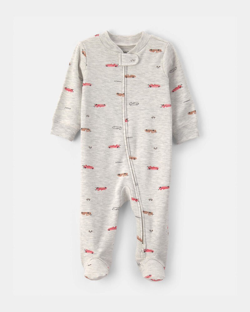 Baby Boy Race Car Cotton 2-Way Zip Sleeper - Grey, image 1 of 4 slides