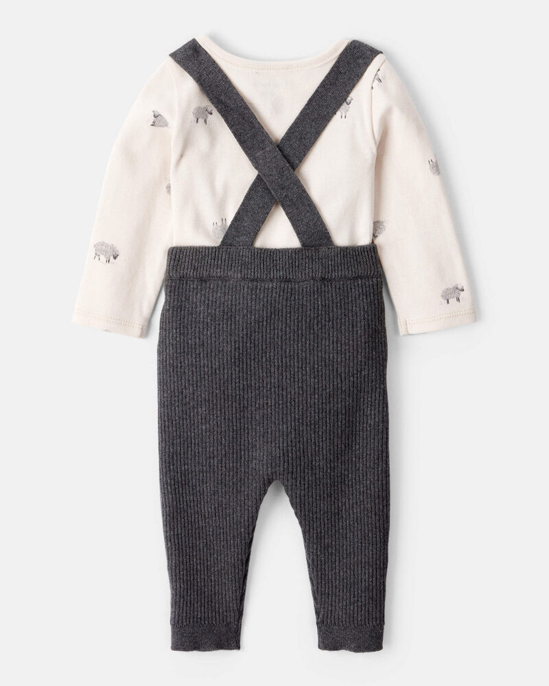 Baby Boy 2-Piece Sheep Print Cotton Long-Sleeve Overall Set - White/Grey, image 2 of 6 slides