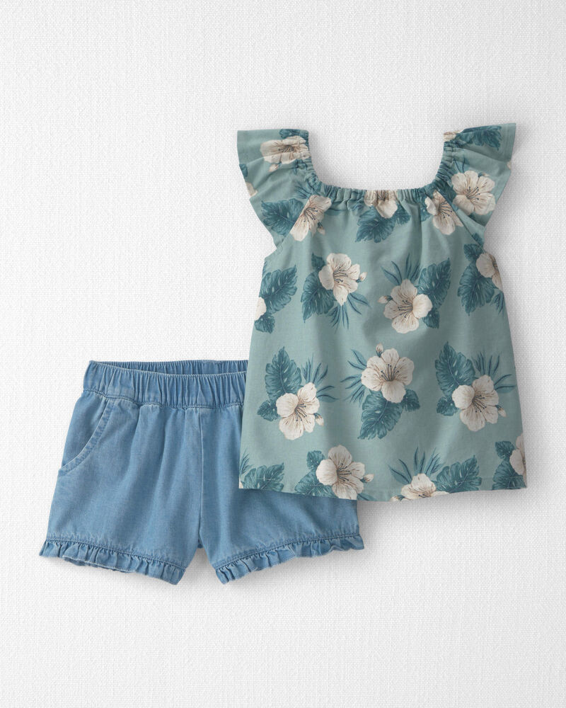 Tout-petit fille - Ensemble 2 pi&egrave;ces haut et short en lin avec coton biologique &agrave; motif hibiscus - Bleu, image 1 sur 4 diapositives