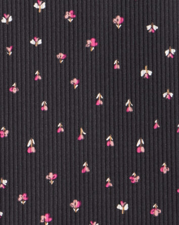 Girls Floral Ribbed Top - Grey, 