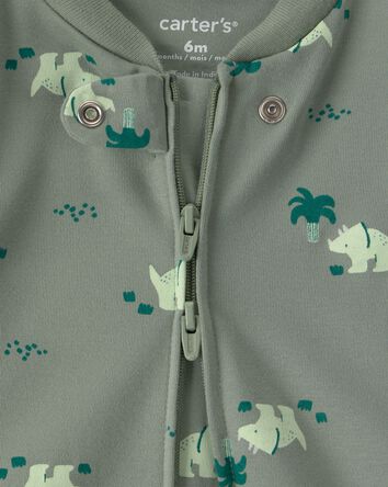Baby Boy Dinosaur 2-Way Zip 100% Cotton Sleeper - Green, 