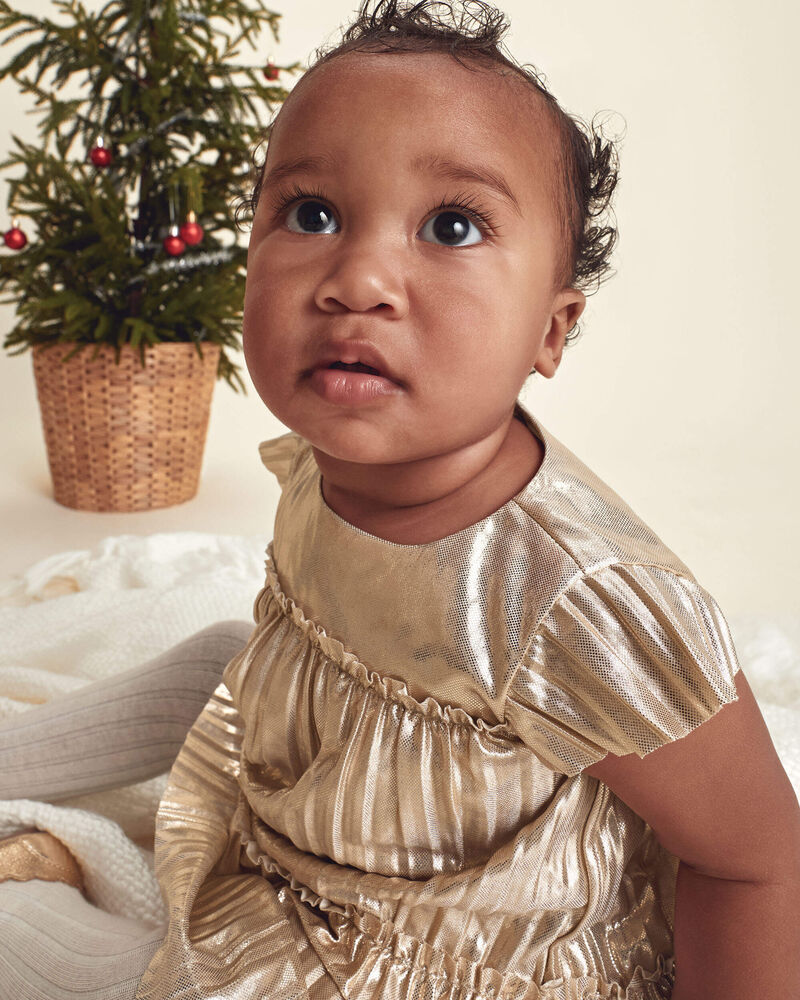 B&eacute;b&eacute; fille - Robe manches courtes en tissu froiss&eacute; m&eacute;tallique - Dor&eacute;, image 5 sur 6 diapositives