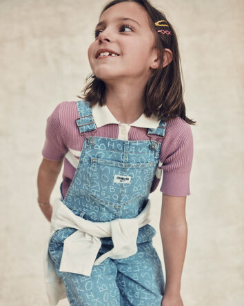Girls Alphabet Denim Overalls - Medium Wash, 