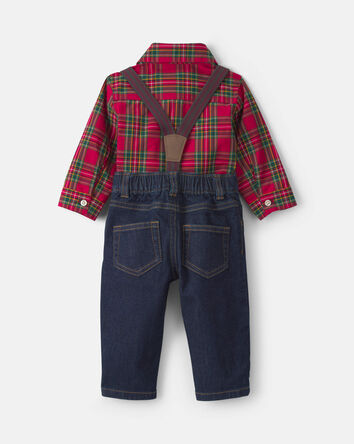 Baby Boy 2-Piece Plaid Denim Long-Sleeve Bodysuit & Suspender Pant Set - Red/Indigo, 
