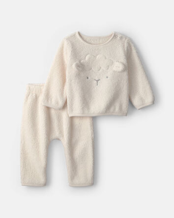 B&eacute;b&eacute; - Ensemble 2 pi&egrave;ces haut manches longues et pantalon en molleton &agrave; th&egrave;me agneau &ndash; Cr&egrave;me, 