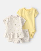 Baby Girl 3-Piece Lemon Short-Sleeve Top, Bodysuit & Short Set - Yellow/Ivory, image 1 of 4 slides