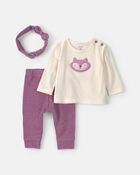 B&eacute;b&eacute; fille - Ensemble 3 pi&egrave;ces haut manches longues &agrave; motif renard et pantalon &ndash; Mauve/Cr&egrave;me, image 1 sur 5 diapositives