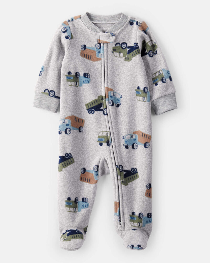 Baby Boy Construction Truck Print Loose Fit Long-Sleeve Sleeper - Grey, image 1 of 4 slides