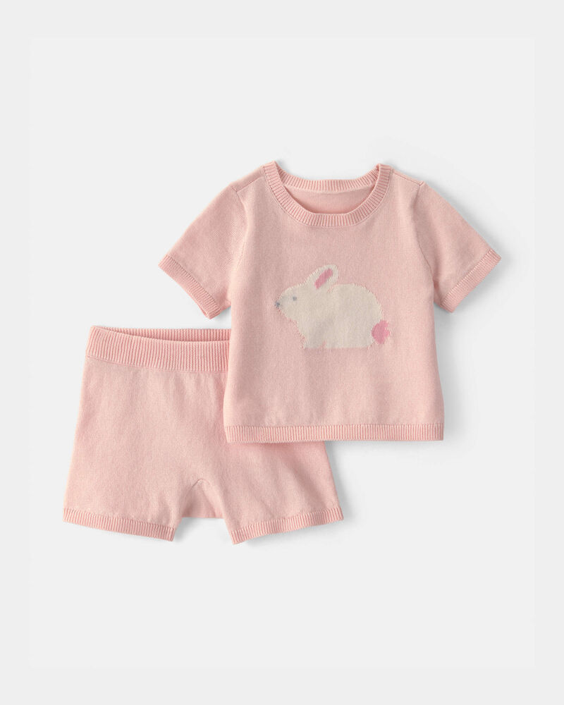 B&eacute;b&eacute; fille - Ensemble 2 pi&egrave;ces haut &agrave; manches courtes et short &agrave; motif lapin - Rose, image 1 sur 2 diapositives