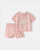 B&eacute;b&eacute; fille - Ensemble 2 pi&egrave;ces haut &agrave; manches courtes et short &agrave; motif lapin - Rose, image 1 sur 2 diapositives