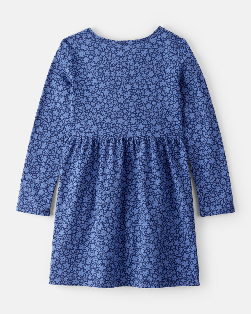 Girls Floral Print Long Sleeve Cotton Dress - Blue, image 2 of 4 slides