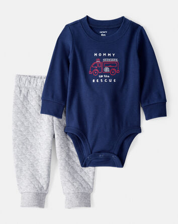 Bébé garçon - Ensemble 2 pièces t-shirt à manches longues et pantalon à motif de camion d’incendie – Bleu/gris, 
