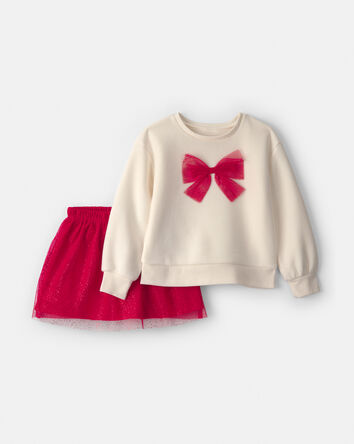 Filles - Ensemble manches longues en molleton avec n&oelig;ud et jupe-short en tulle &ndash; Cr&egrave;me/Rouge, 