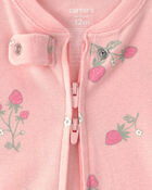 B&eacute;b&eacute; fille - Emballage 2 pyjamas ajust&eacute;s 1 pi&egrave;ce, fleurs et fraises - Rose, image 3 sur 5 diapositives