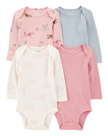Baby Girl 4-Pack Puppy Long Sleeve Bodysuits, 