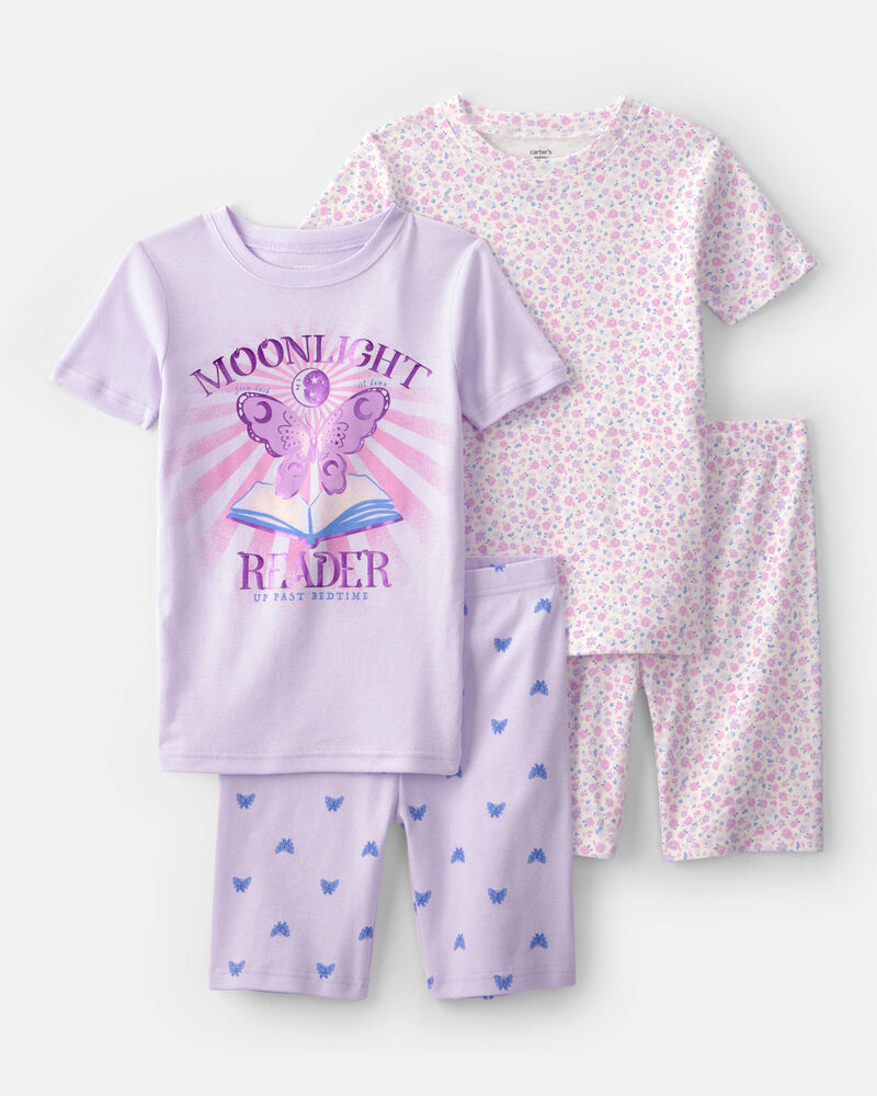Filles - Ensemble 4 pi&egrave;ces de pyjamas ajust&eacute;s &agrave; manches courtes en 100 % coton, papillons et fleurs - Mauve , image 1 sur 4 diapositives