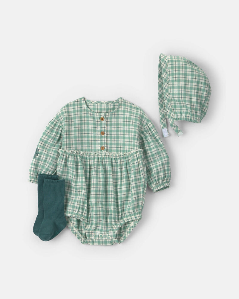 Baby Girl 3-Piece Flannel Long-Sleeve Bubble Set - Green, image 1 of 7 slides