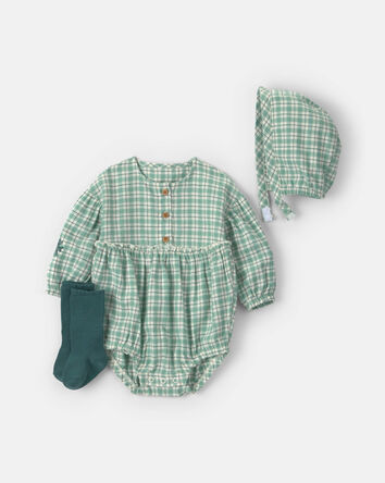 Baby Girl 3-Piece Flannel Long-Sleeve Bubble Set - Green, 