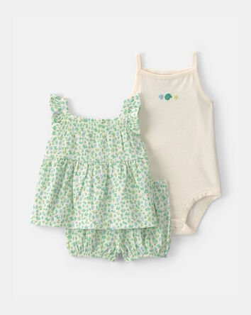 Baby Girl 3-Piece Shell Top & Short Set - Green/Ivory, 