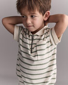 Toddler Boy Zip-Up Polo in Stripes - Cream, image 1 of 6 slides