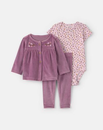 Baby Girl 3-Piece Floral Velvety Layering Set - Purple, 
