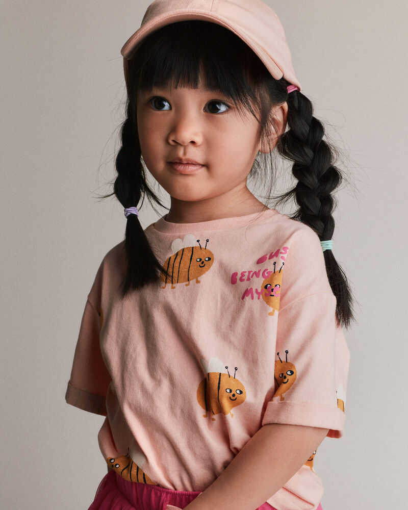 Toddler Girl Rolled Cuff Tee in Bee Print - Light Pink, image 1 of 5 slides
