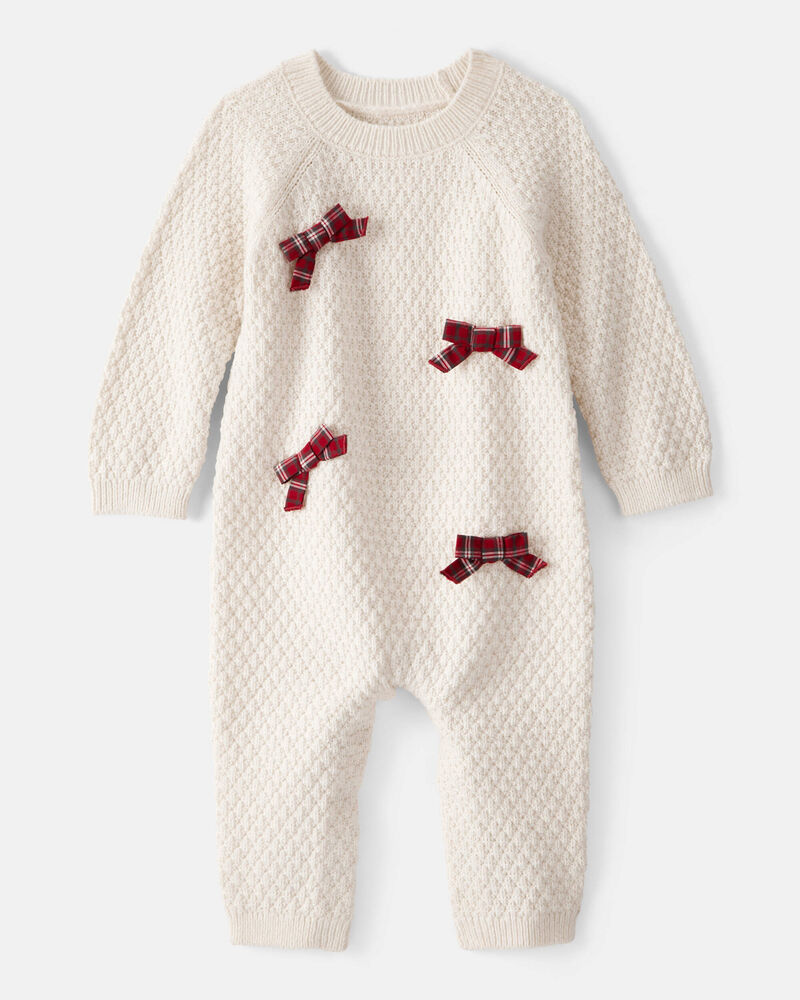 Baby Girl Bow Long-Sleeve Jumpsuit - White, image 1 of 3 slides