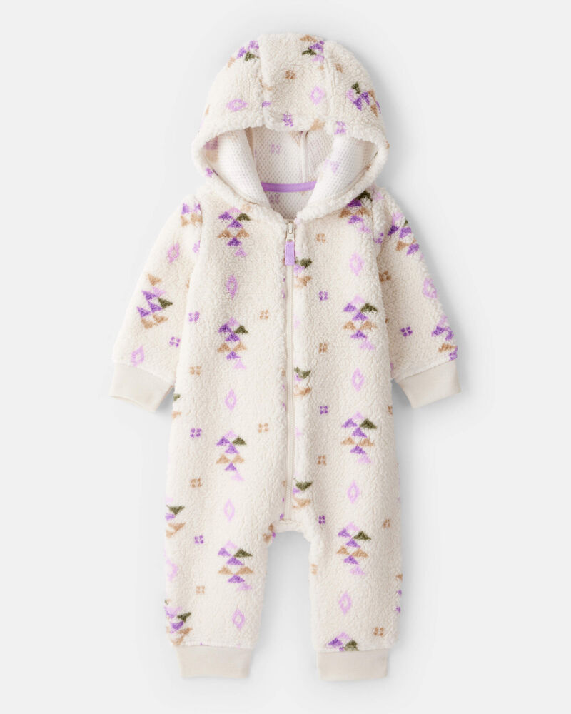 Baby Girl Aztec Print Sherpa Long-Sleeve Jumpsuit - Cream, image 1 of 3 slides