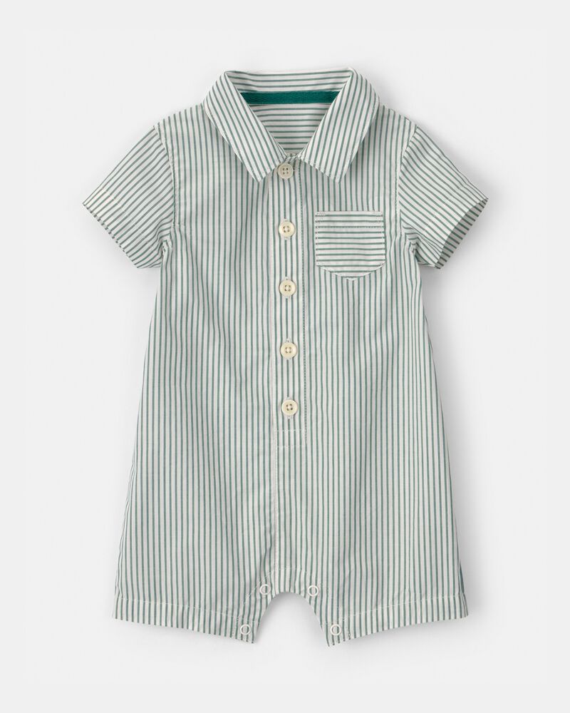 Baby Boy Collared Stripe Short-Sleeve Romper - Green/White, image 1 of 3 slides