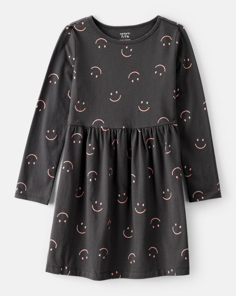 Girls Smile Print Long Sleeve Cotton Dress - Black, image 1 of 4 slides