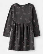 Girls Smile Print Long Sleeve Cotton Dress - Black, image 1 of 4 slides