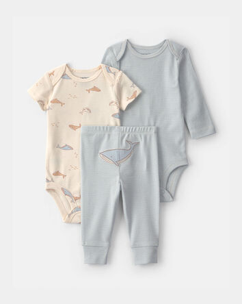 Baby 3-Piece Whale Bodysuit & Pant Set - Blue/Ivory, 