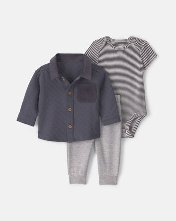 B&eacute;b&eacute; gar&ccedil;on - Ensemble 3 pi&egrave;ces &agrave; superposer en jersey bouclette matelass&eacute; - Gris, 