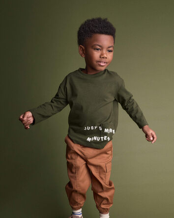 Toddler 'Just 5 More Minutes' Long-Sleeve Relaxed Graphic Tee - Olive, 