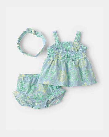 Baby Girl 3-Piece Coral Top & Short Set - Blue/Green, 