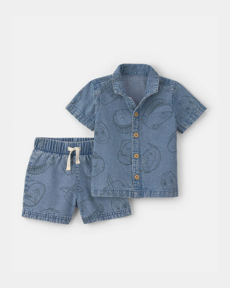 B&eacute;b&eacute; gar&ccedil;on - Ensemble 2 pi&egrave;ces haut &agrave; manches courtes et short en chambray Pixar&copy; Toy Story - D&eacute;lav&eacute; moyen, image 1 sur 2 diapositives