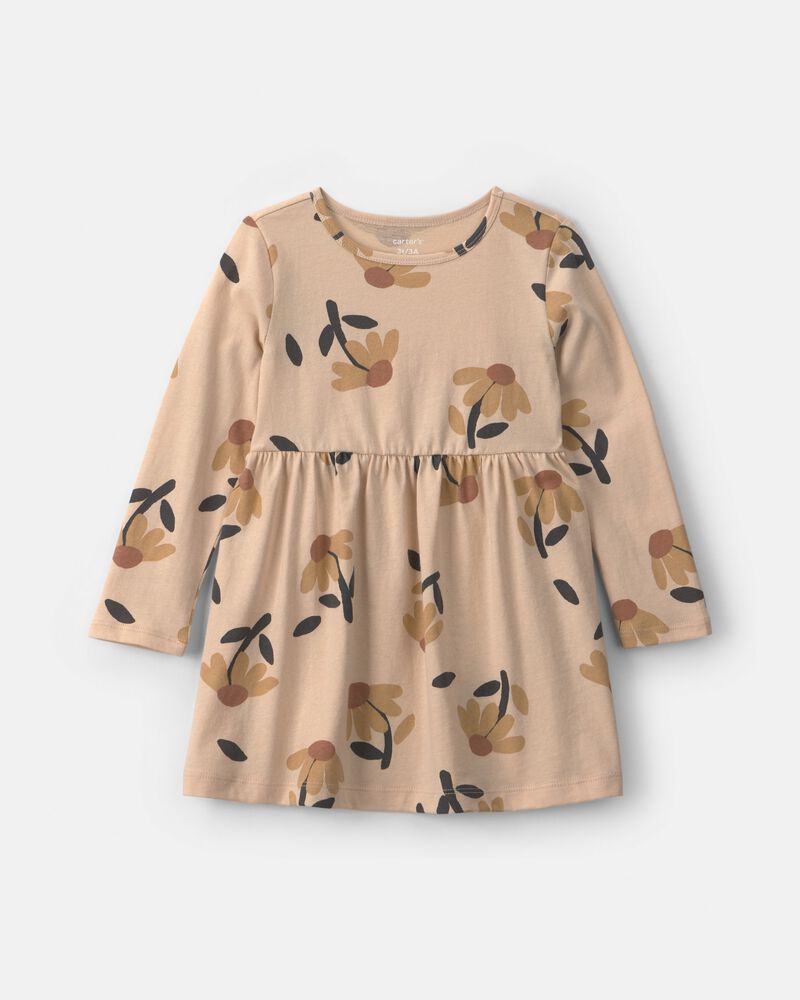 Toddler Girl Floral Long-Sleeve Dress - Tan, image 1 of 4 slides
