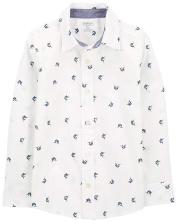 Fish Print Button-Front Shirt, 