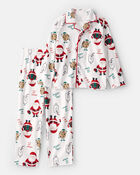 Kid Christmas Santa Print Fleece Long-Sleeve Loose Fit 2-Piece pyjamas - White, image 1 of 3 slides