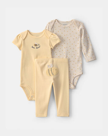 Baby Girl 3-Piece Bee Bodysuit & Pant Set - Yellow/Ivory, 